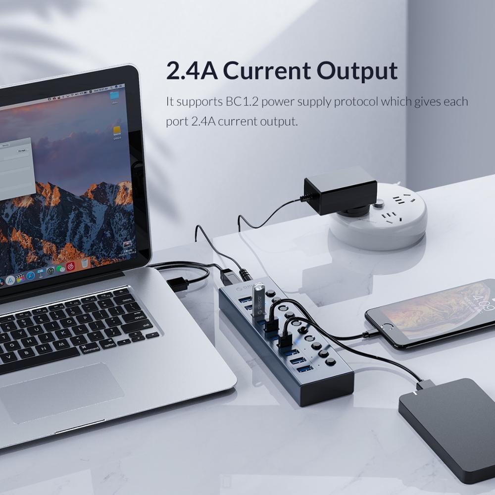 ORICO Industrial USB 3.0 HUB 7/10 Port Aluminum USB Splitter On/Off Switch With 12V Power Adapter Support Charging for Computer