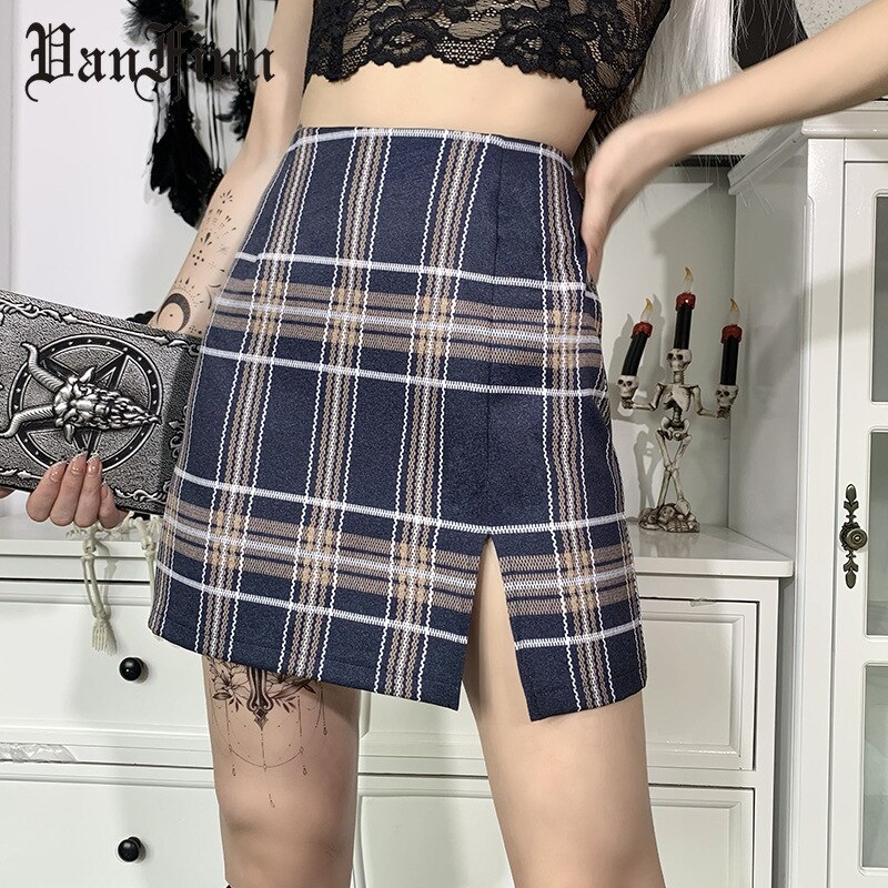 De de Y2k falda las niñas Colegio viento colegiala de tartán falda horquilla abierta verano falda de cintura alta para mujeres Streetwear