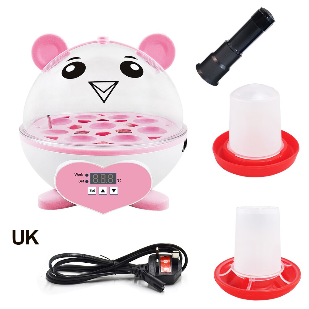 Cute Mini 9 Eggs Incubator Sets Incubation Brooder Egg Tester Chicken Duck Quail Birds Animal Egg Incubator Feeders: UK PLUG-PINK