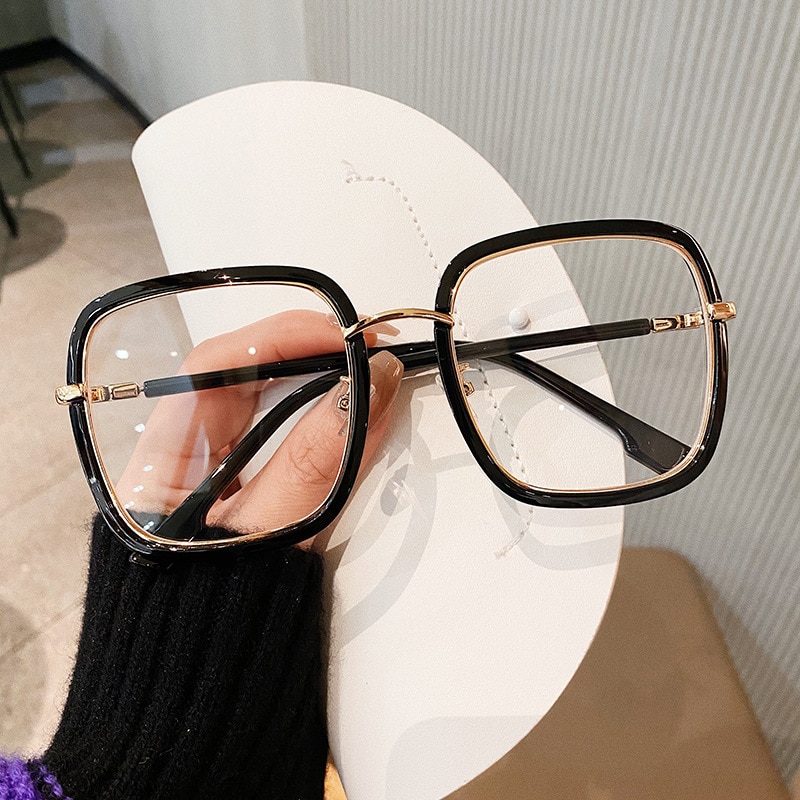 Metal Square Glasses Frame Women Brand Oversized Polygon Eyeglasses Frames For Men Optical Spectacles: Black1671