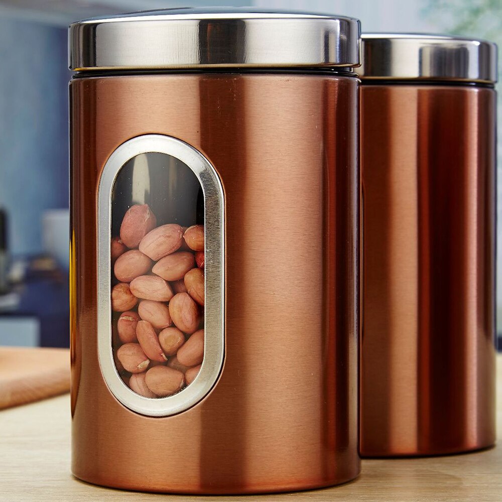 Bocal de rangement en acier inoxydable, pot de rangement en verre de cuisine pour le thé, le café, le sucre, la farine et le café