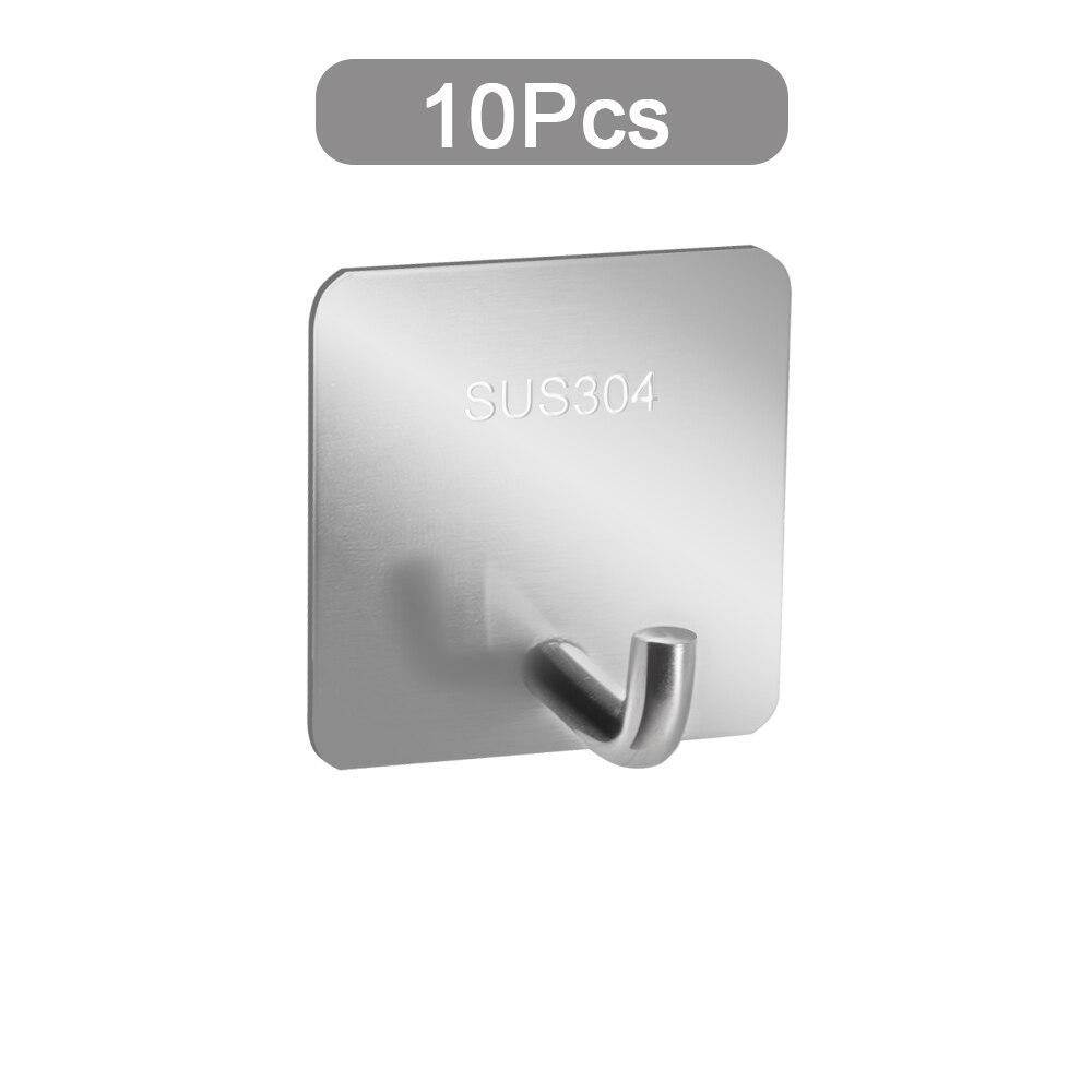 Adhesive Hooks Heavy Duty Wall Rack Waterproof Stainless Steel Rack Rustproof Hanger for Bathroom Bathroom Accessories: 10Pcs Silver