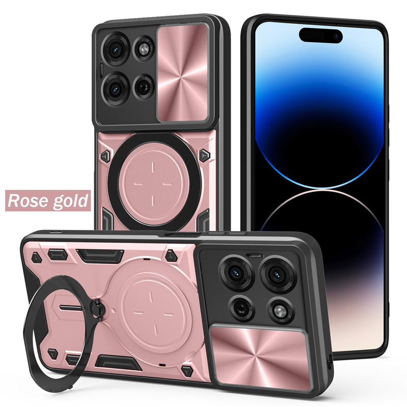 Armor Slide Lens Protection Back Cover For Motorola Moto G85 G75 G55 G35 5G Case Car Magnetic Ring Stand Shockproof Phone Cases: Silver Pink / For OnePlus 9E