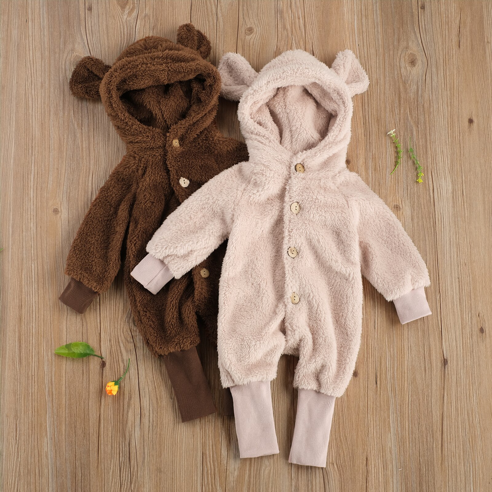 Barboteuse chaude en fourrure pour -né fille et garçon, 2 couleurs unies, manches longues, simple boutonnage, combinaisons d'hiver