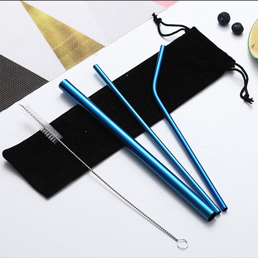 Bubble Tea Stainless Steel Straw Reusable Drinking Straws Set Curved Metal Straws Bag with Brush For Smoothies Juice Tea: Blue