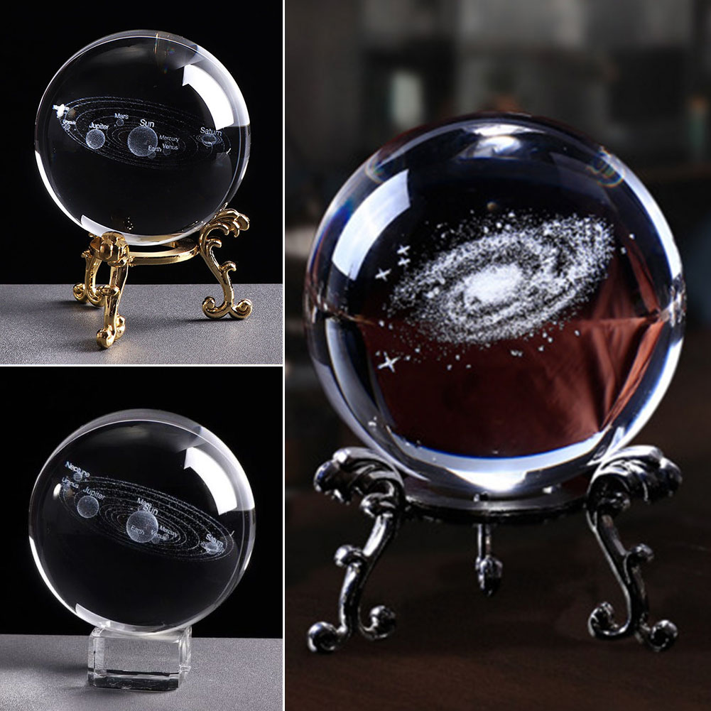 6cm Engraved Solar System Sphere Desktop Craft Miniature 3D Decoration Planets Model With Base Home Clear Crystal Ball