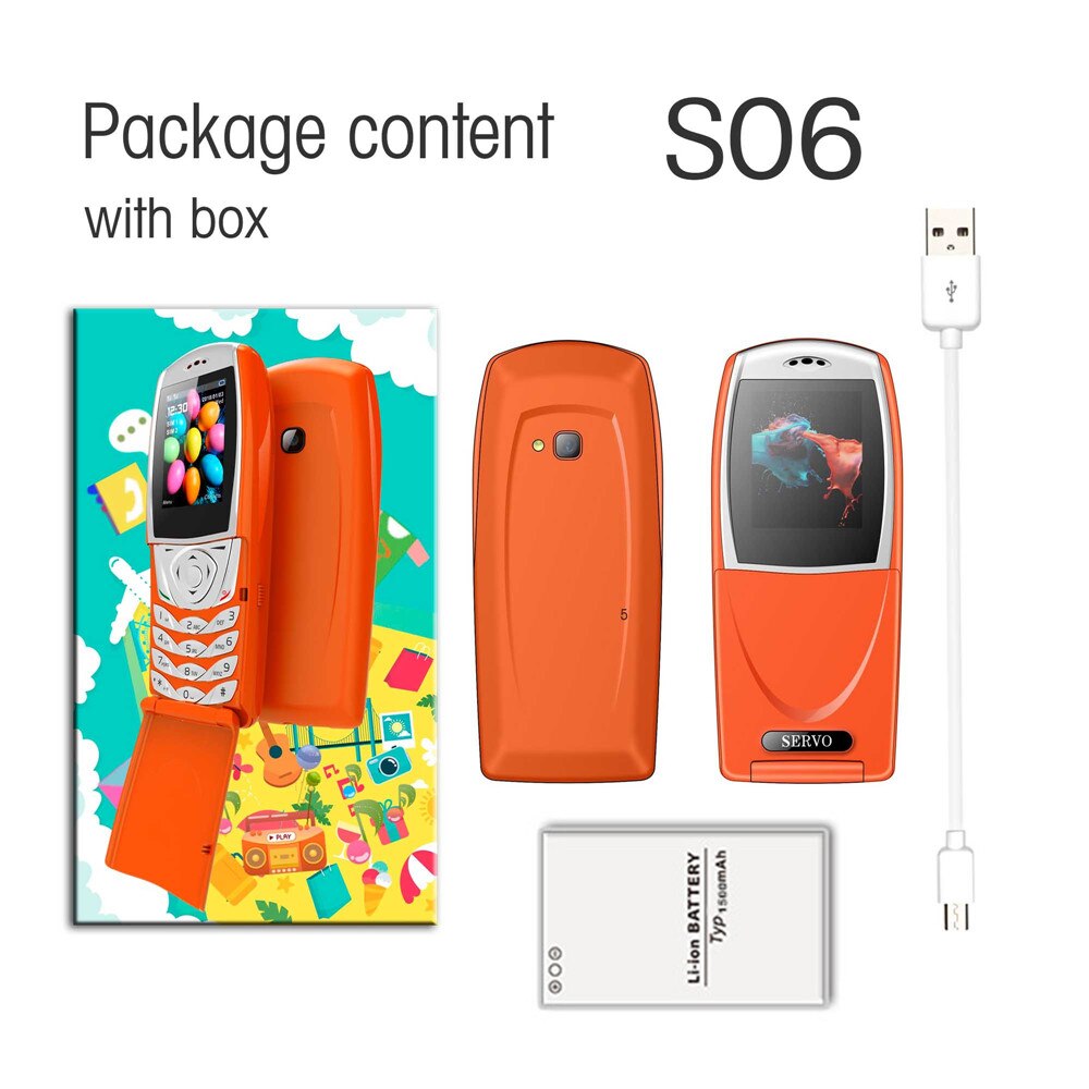 Teléfono Original SERVO S06 Dual SIM tarjetas Flip Phone 1,77 pantalla GPRS tarjetas de memoria ranuras móviles con teclado ruso: add 16GB TF card / Orange With Box