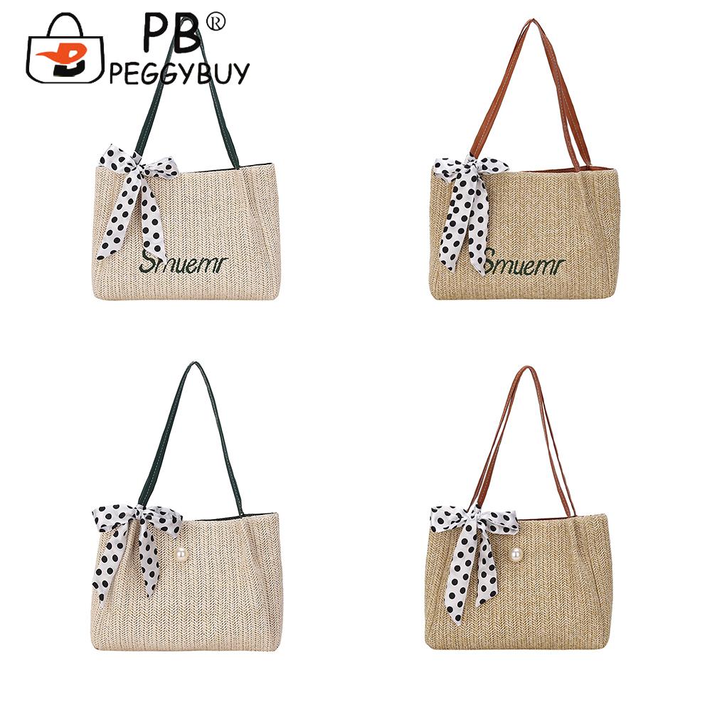 Retro Women Handbags Straw Woven Silk Ribbon Large Shoulder Tote Shopping Bags for Women Ribbons Handbag Female Travel