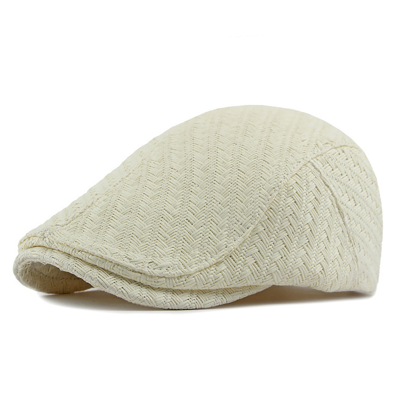 Boina Primavera Verano gorra de paja para el sol sombrero hombres mujeres transpirable boina plana gorra hombre mujer ajustable artista pintor boina sombrero: Blanco