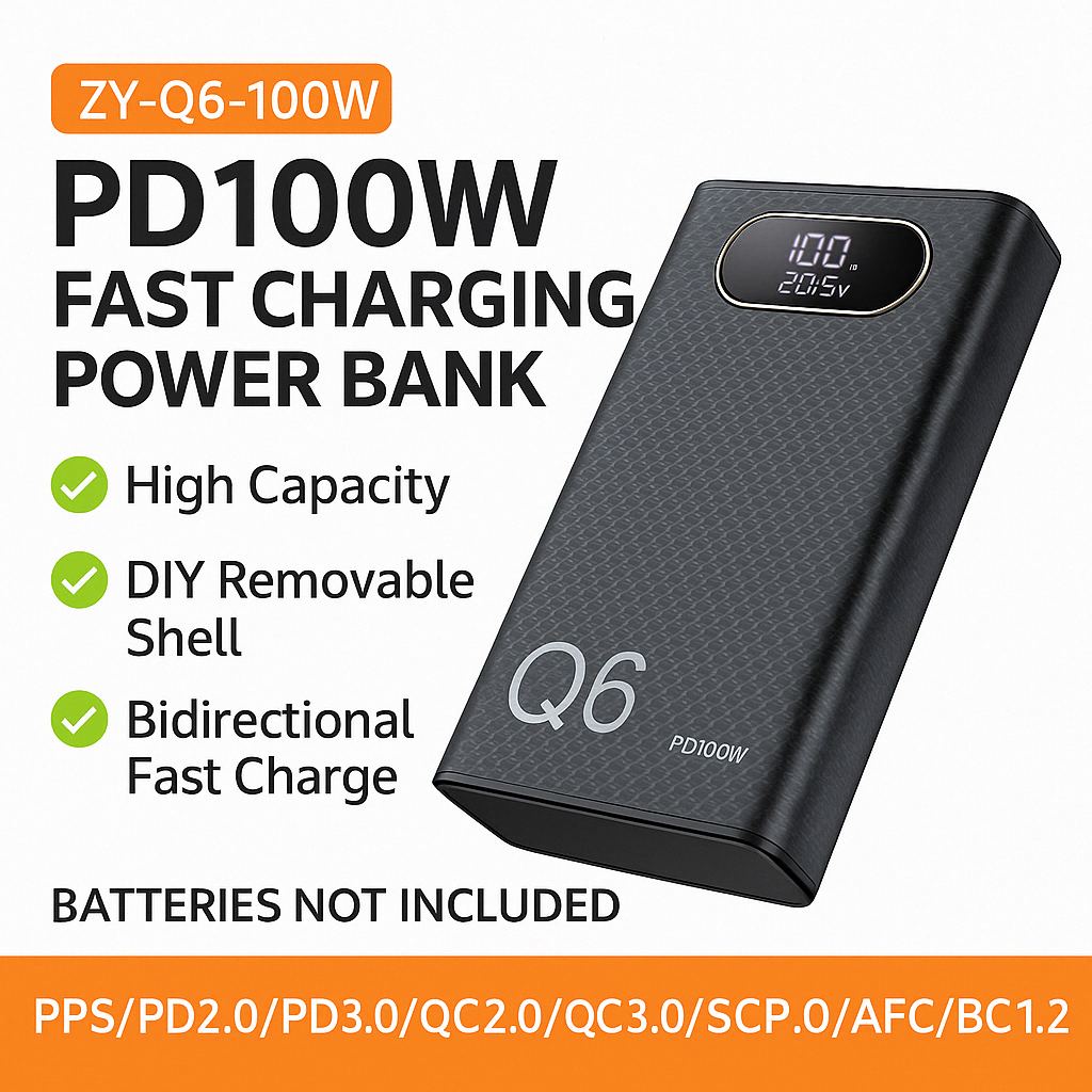 PD100W Schnelllade-Powerbank-DIY-Bausatz, 20 V, 5 A, 6 x 21700 Akku, hochwertig, sicher, kein Lözehn, wiederaufladbar