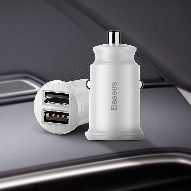 Baseus mini dual usb biloplader 5v 3.1a hurtig opladning 2 port usb-telefon autoladeradapter til mobiltelefon tablet bilopladning: Hvid