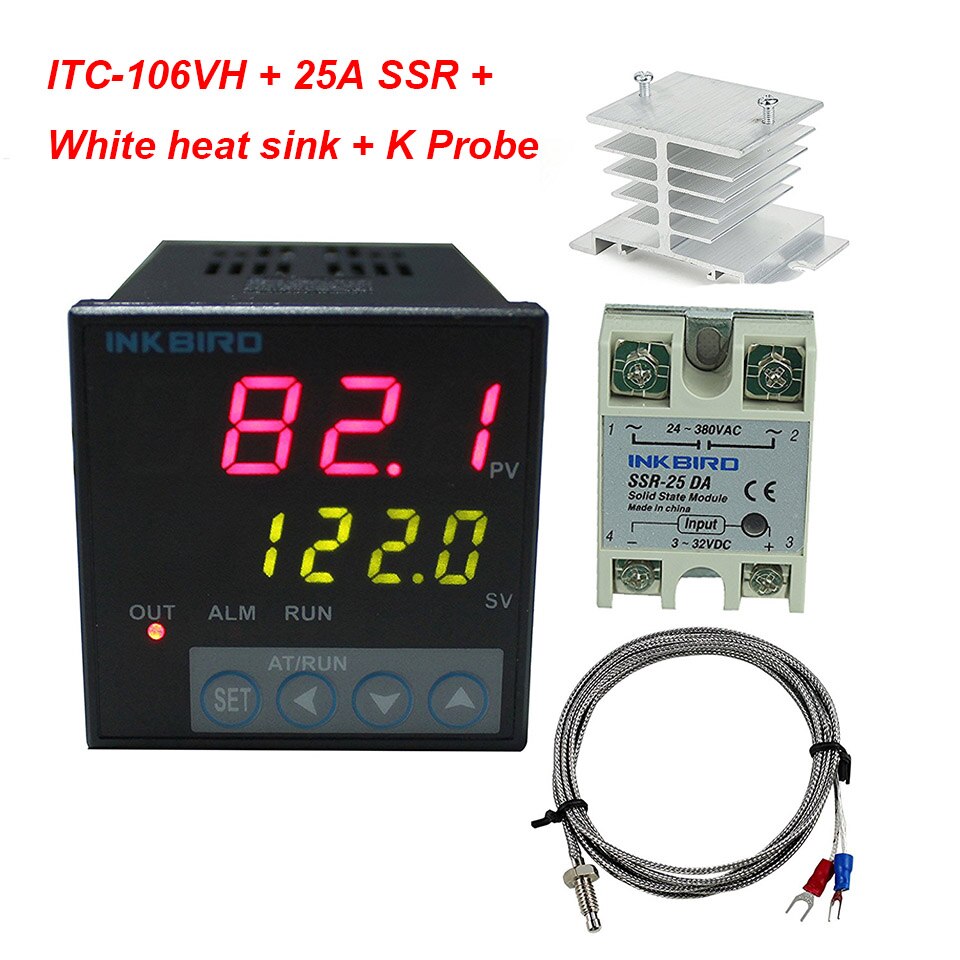 Inkbird ITC-106VH PID Temperature Controllers + K sensor + 40A SSR + heat sink, Solid State Relay for Sous Vide, thermocouple k: 25A SSR white
