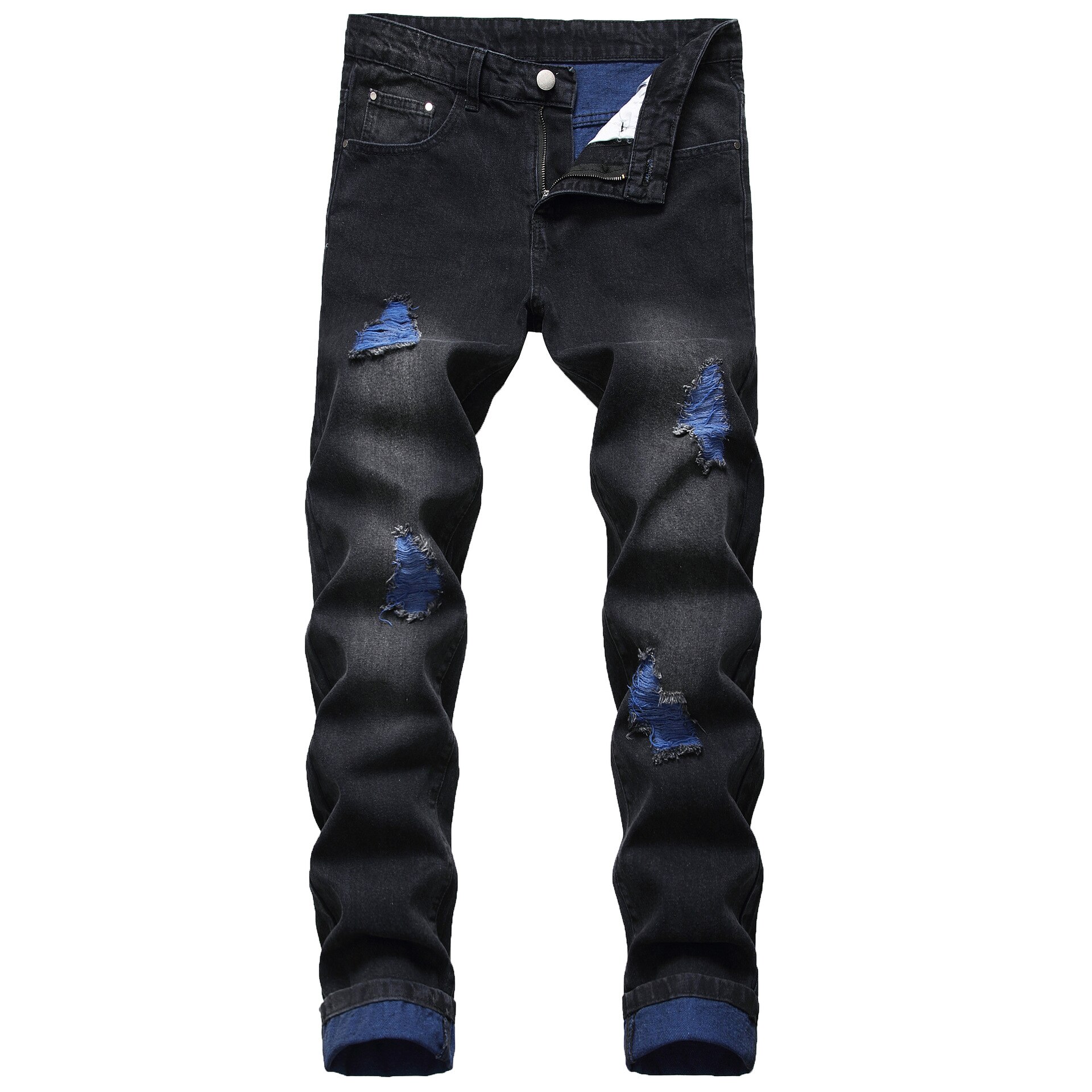 Herrjeans rak slim fit hål slitna jeans herr casual streetwear biker jeansbyxor man blå
