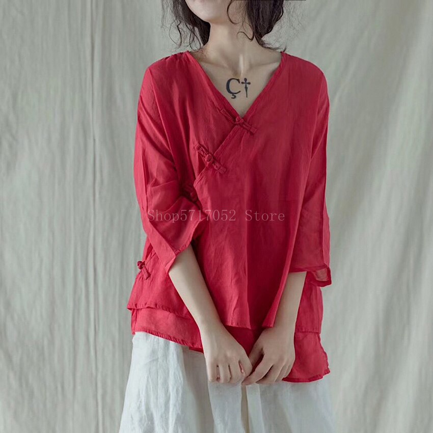 Ropa china tradicional Retro para mujer, camisas de lino con cuello en V, Tops holgados Vintage de doble capa, Tops elegantes de estilo chino Hanfu