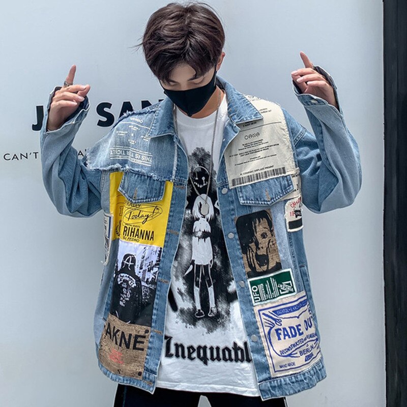 Harajuku Denim Coat Man Loose Hip Hop Single Breasted Lapel Denim Jacket Spring Autumn Couple Clothing: Blue / S