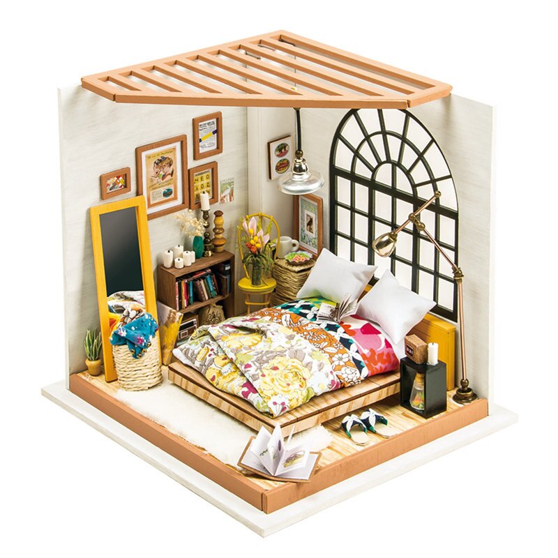 Robotime 15 Kinds DIY House with Furniture Children Adult Miniature Wooden Doll House Model Building Kits Dollhouse Toy: Alice  Bedroom