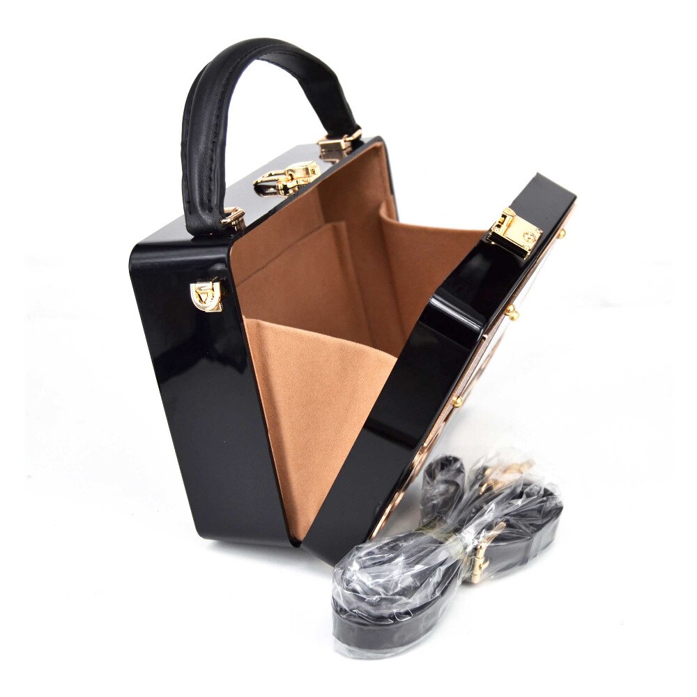 Caja de mano de Radio acrílica negra para mujer, bolso de mano de para , bolso de noche, bolso de maletero, Pochette con bolso de hombro con correa
