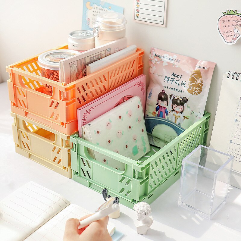 Mini Stackable Decor Stacking Folding Plastic Storage Crate Foldable Bin Baskets Tray with Handles for Shelf Grocery Kitchen