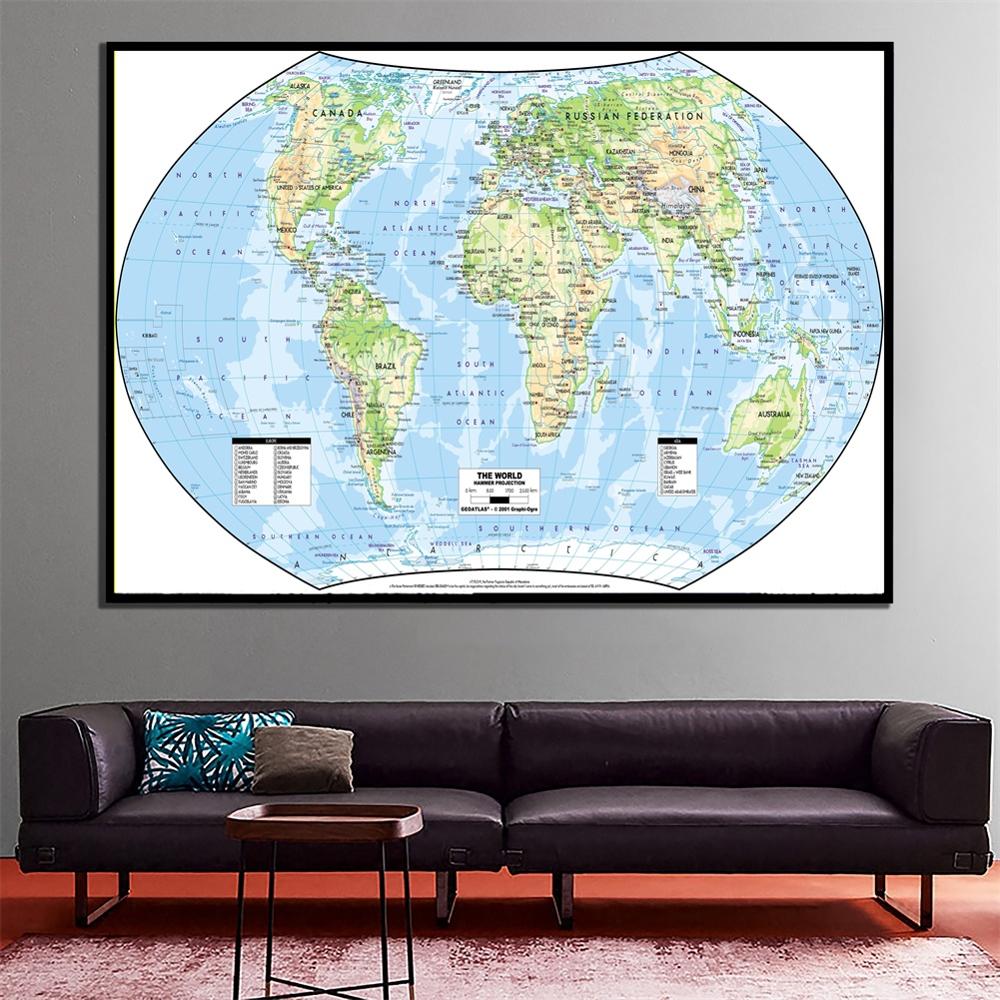 A2 Size The World Map Hammer Projection Fine Canvas Wall Map Unframed Home Decor Crafts
