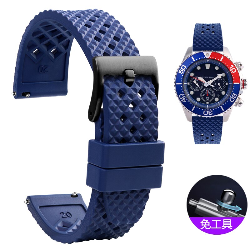 Fuerman Rubber watch strap 20mm 22mm Quick Diving Waterproof Bracelet FKM Fluorine Rubber for s-eiko Ti-ssot: blue black buckle / 20mm