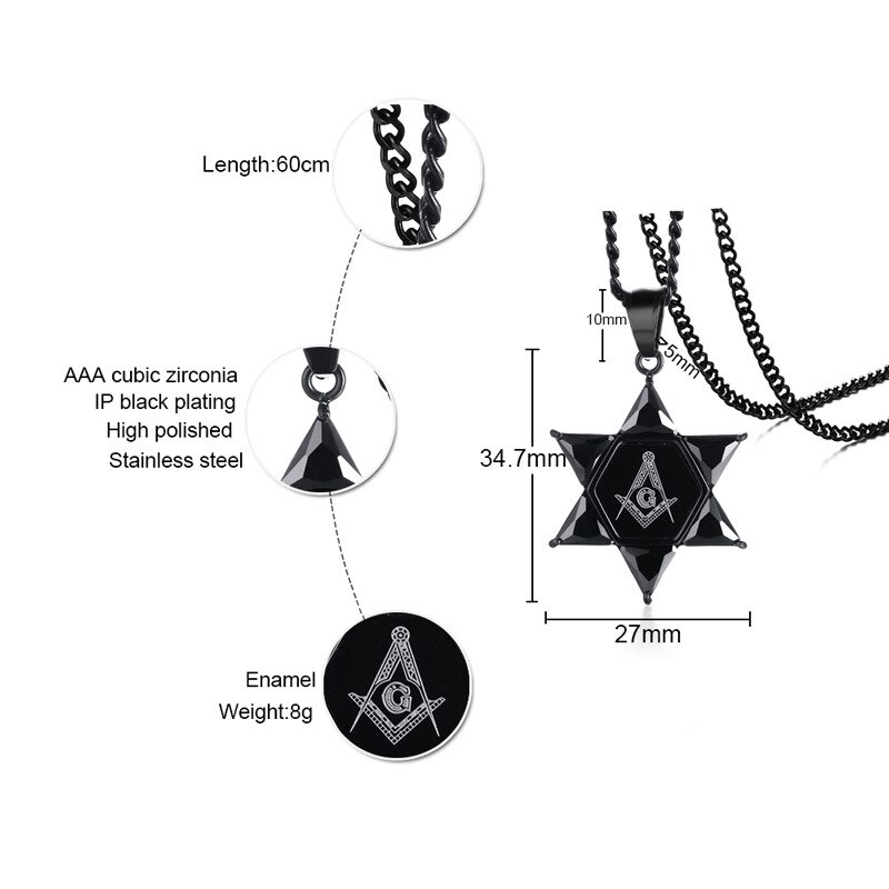 Freemason Masonic Black Hexagram Pendant with Stainless Steel Chain Necklace For Men Hip Hop Style Best Friend Choker