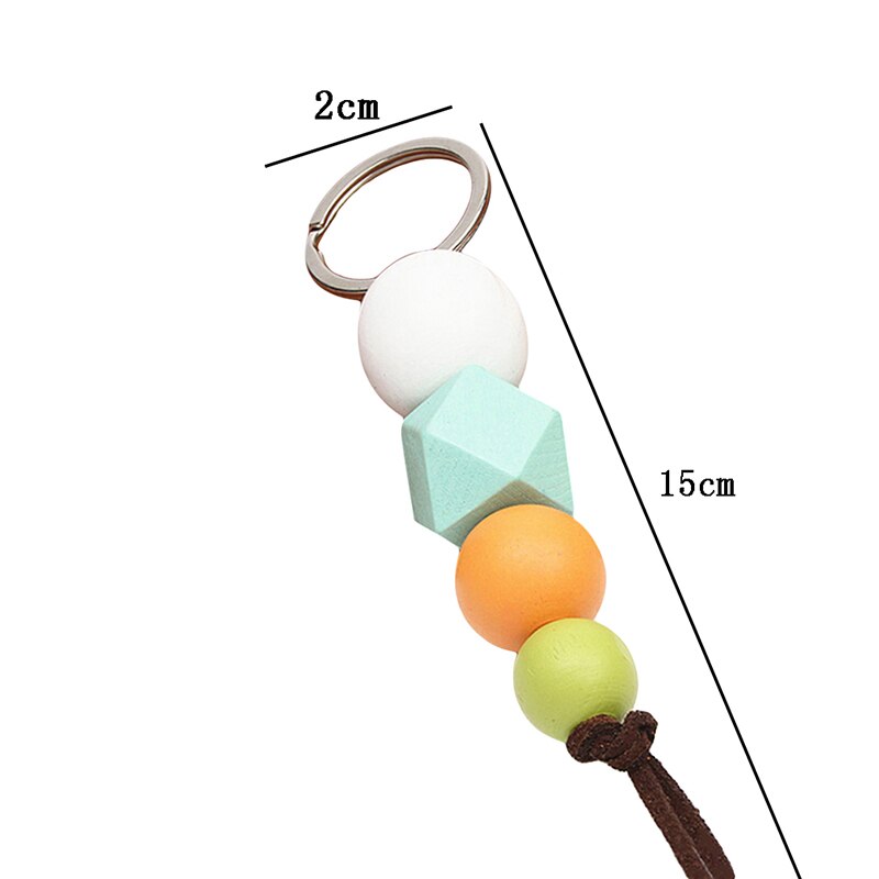 Multicolor Geometric Wood Beads Keychain For Bag Round Wooden Beads Keyrings Bag Accessories