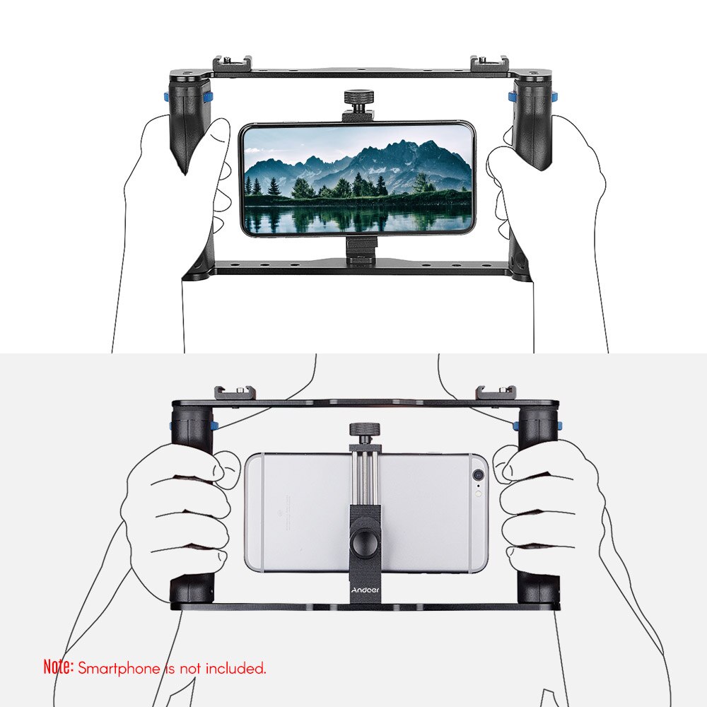 Andoer Handheld Fotografische Beugel Houder Kooi Rig DIY Telefoon Video Stabilizer met Telefoon Klem 1/4 "Schroef Mount Koud schoen