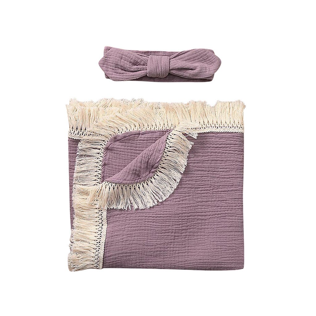 Couverture pour -né en mousseline unisexe, à franges, couleur unie, pour bébé, lange d'emmaillotage: Purple