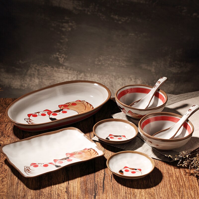 Japanese Hand-painted Ceramic Cute Cartoon Cat Tableware Set Soup Noodle Bowl Fish Dish Family Dinner Steak Tableware