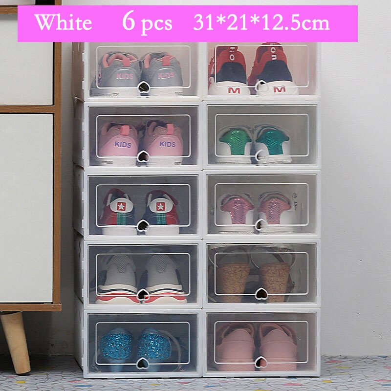 6Pcs Transparante Schoen Dozen Opslag Verdikte Stofdicht Schoenen Organizer Box Bovenop Combinatie Schoenenkast Dispaly: White