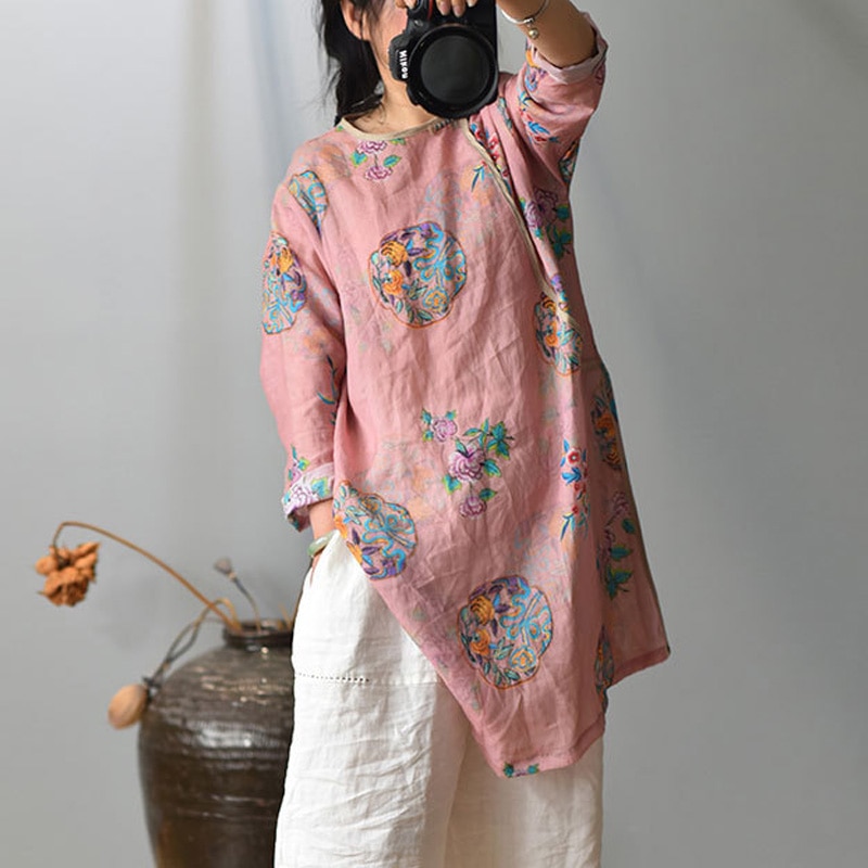 Johnature Herfst Vintage Print Bloemen Shirts Voor Vrouwen Ramee O-hals Lange Mouw Blouses Losse Vrouwelijke Lange Shirts Tops
