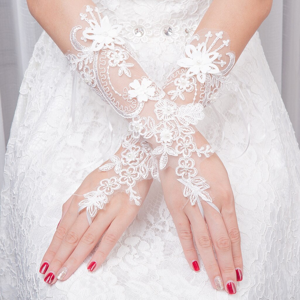 Beauty Bridal White Fingerless Wedding Gloves Lace Pearls Eblow Length Glove Party Ornament Accessory