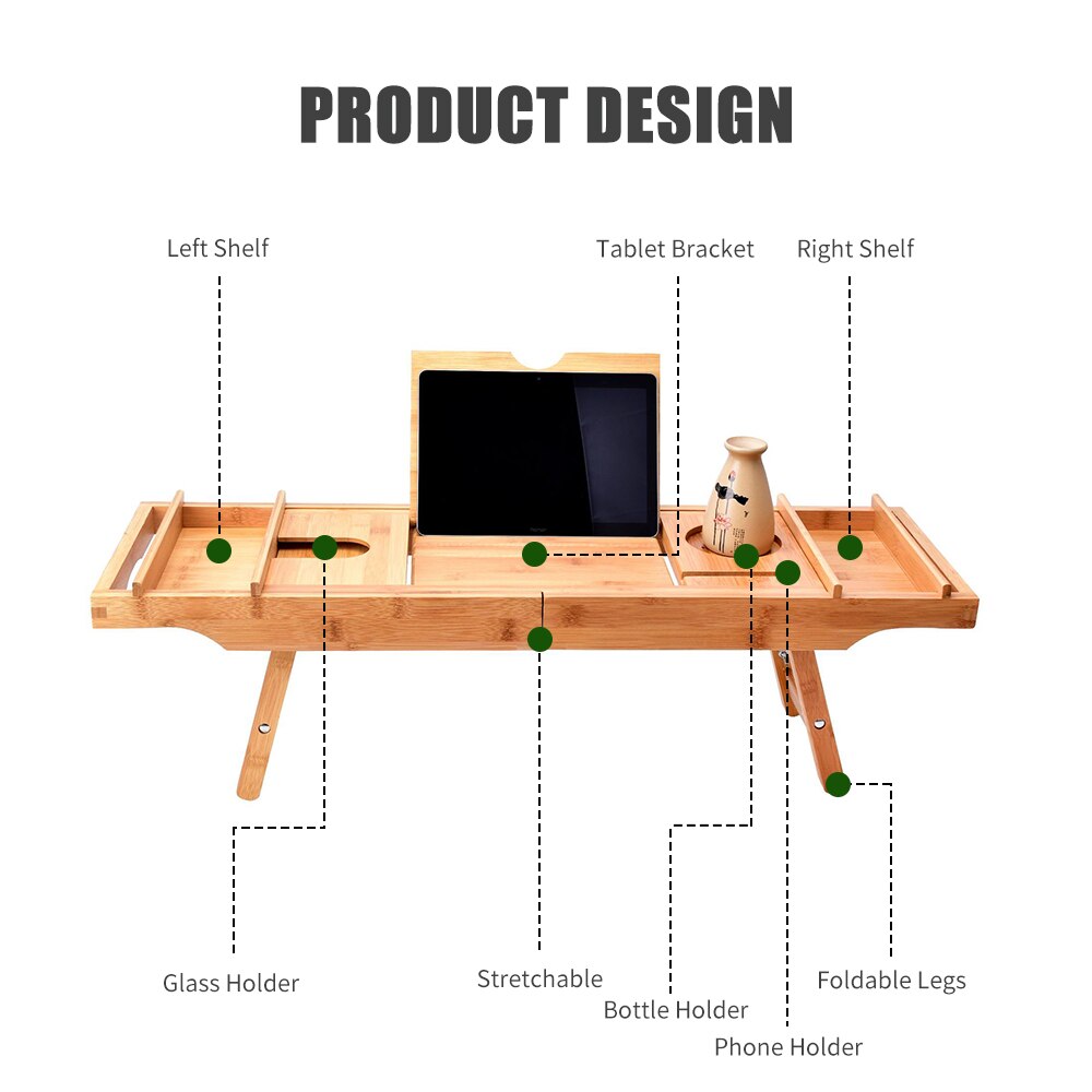 Uttrekkbar bambus badekar brett spa badekar caddie organisator stativ bok vin tablet holder badekar brett hylle baderomstilbehør