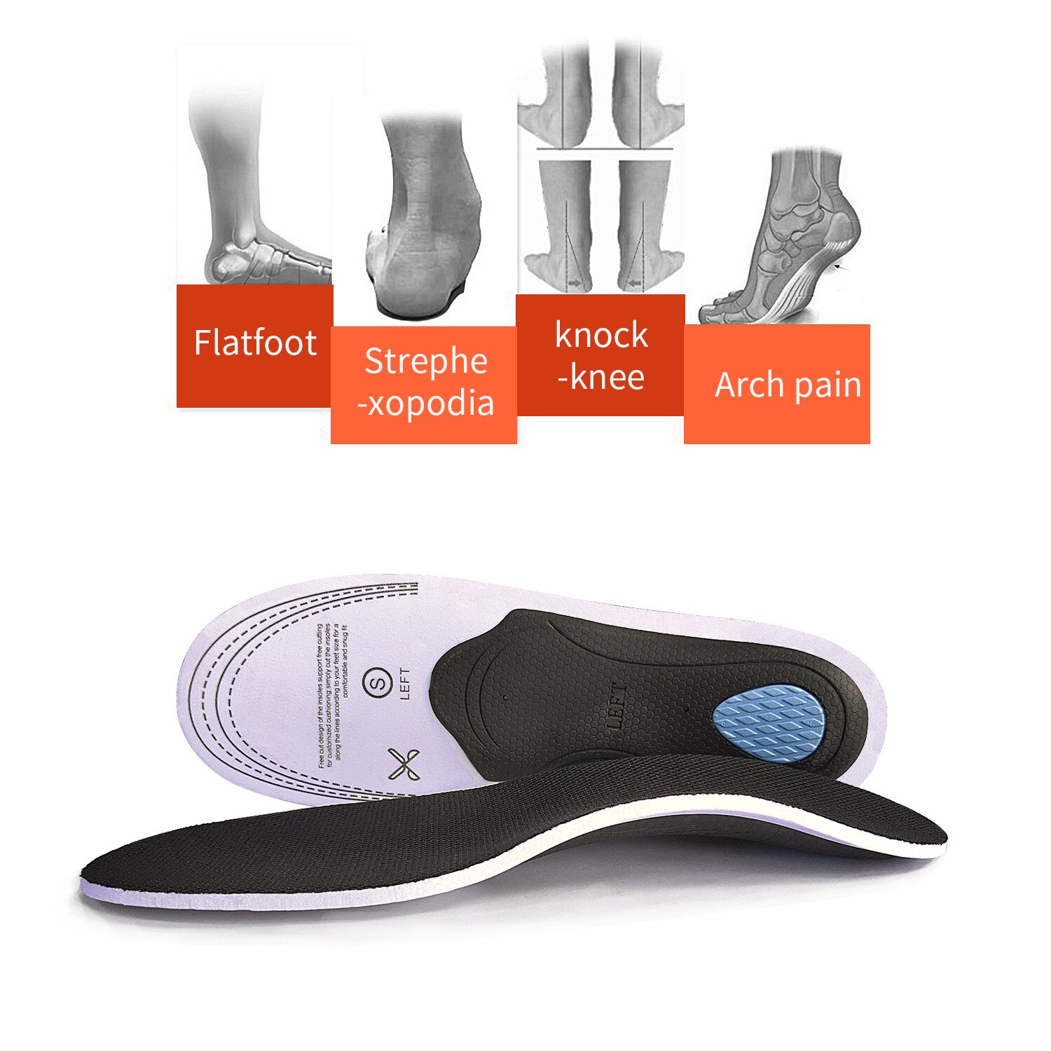 1Pair Orthopedic Insoles Arch Support Flat Feet Insert Foot Care Fasciitis Relief Insoles for Feet for Plantar Fasciitis Unisex