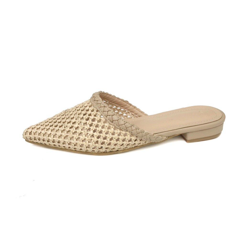 Vrouwen Wees Lage Hak Slippers Zomer Riet Geweven Rotan Gras Sandalen Strand Schoenen Vrouwen Slippers Platte Schoenen slides: Beige / 7