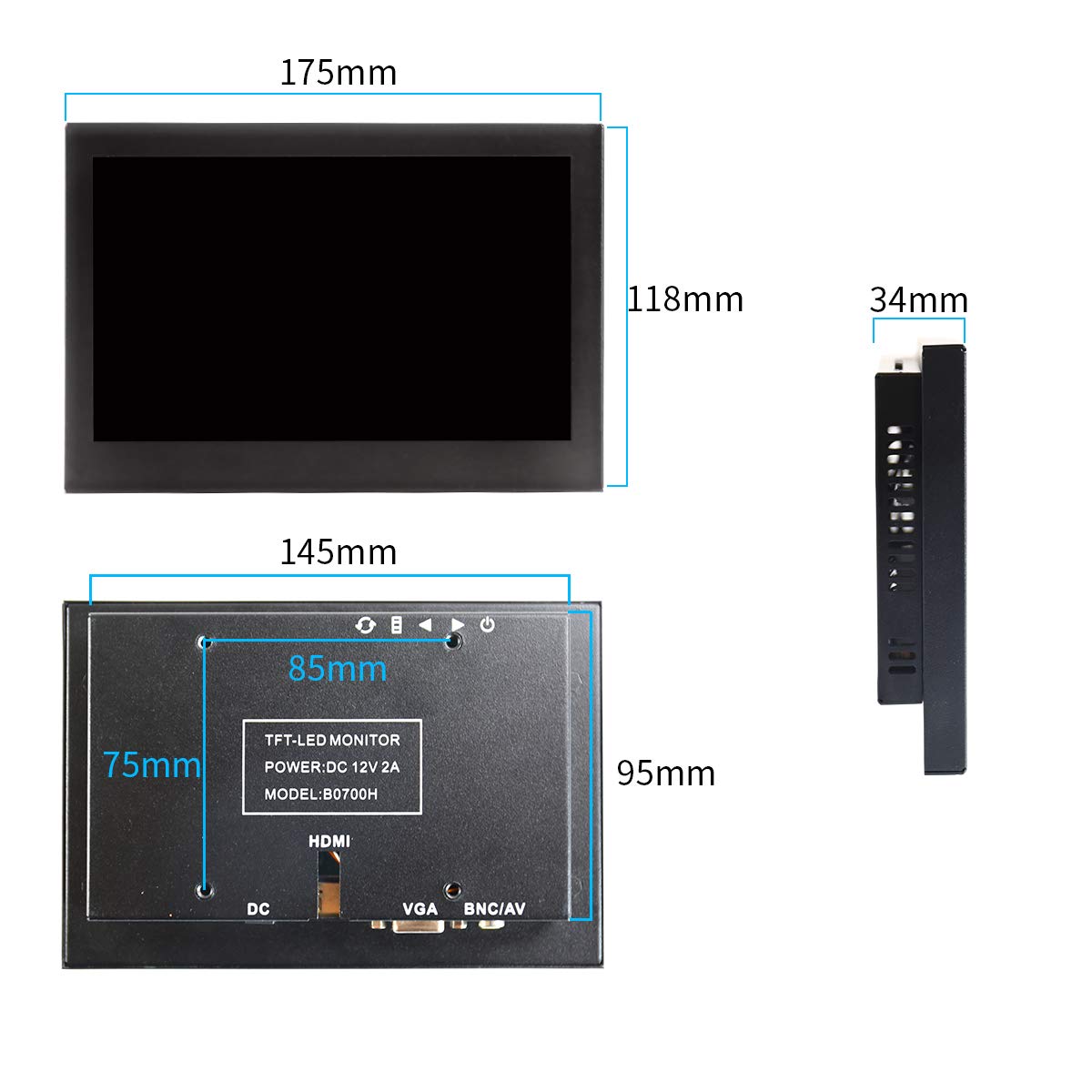 7 Inch LCD Full HD 1024x600 Portable Display for PS3/xbox PC Camera Viewfinders AV Input/VGA/HDMI/BNC Black Metal Shell Monitor