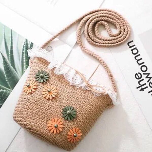 2pcs Women Straw Hat Knot Bow Floral Wide Brim Parental-Child Cap for Beach: bag Khaki