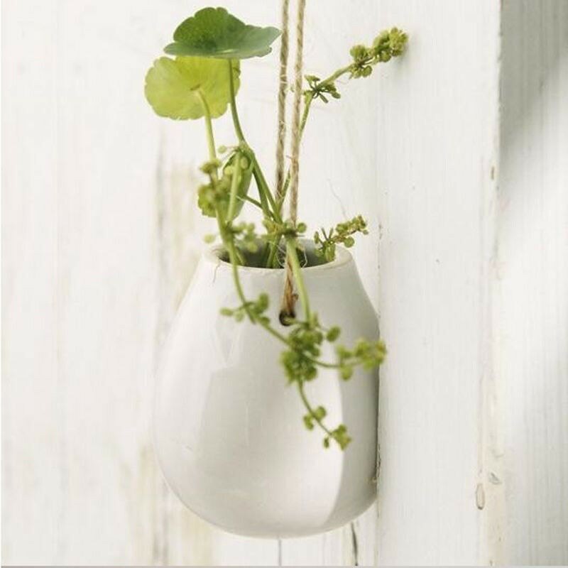 Vase à fleurs suspendu blanc avec corde | Petit Vase suspendu en céramique avec corde pour la maison, le balcon, Pot de fleurs et plante, Vase à fleurs avec ficelle