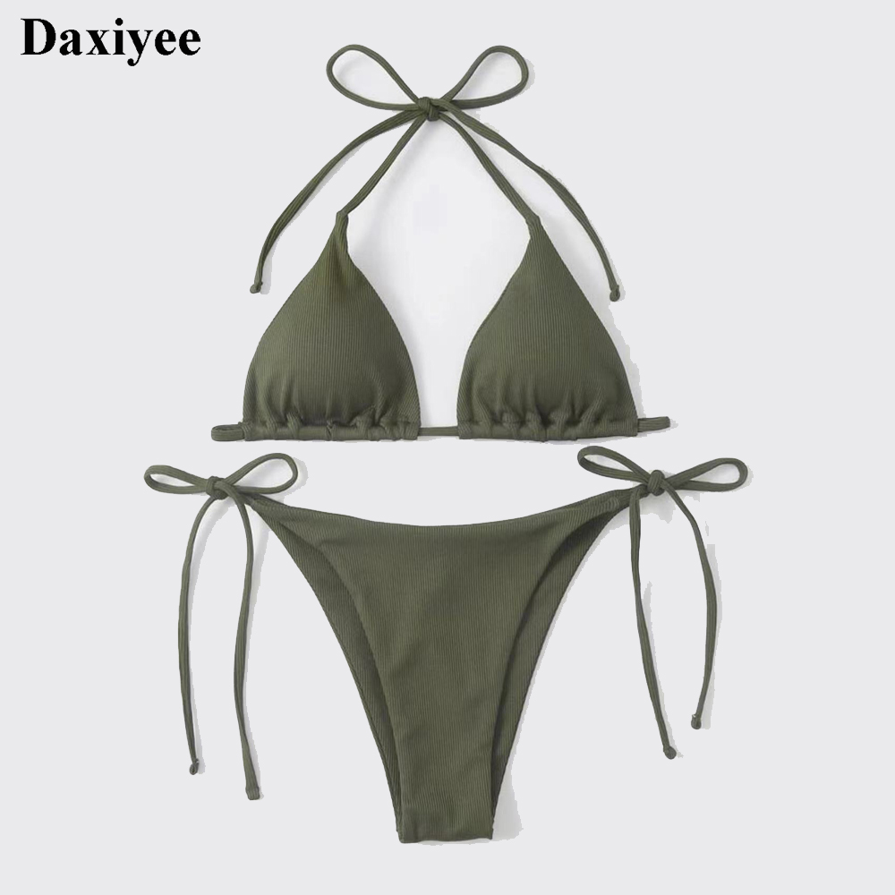 Liten randig ribbad bikiniset för kvinnor sexig enkel enfärgad halterneck baddräkt snörning strandbaddräkt sidobandage string baddräkt