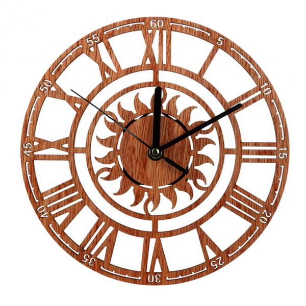 Vintage Wood Wall Clocks Round Shape Sun Pattern Roman Number Digital Clock