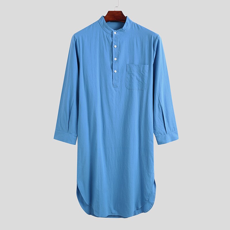Mannen Moslim Lange Robe Islamitische Kleding Effen Karftan Jubba Thobe Dubai Saudi Arabië Thuis Gebed Dragen Nachtjapon Abaya Jurk: Blue / M