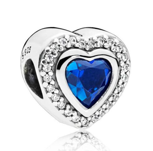 Genuine 925 Sterling Silver Charm Sparkling Two Gorgeous Love Heart With Blue Crystal Bead Fit Pan Bracelet Diy Jewelry