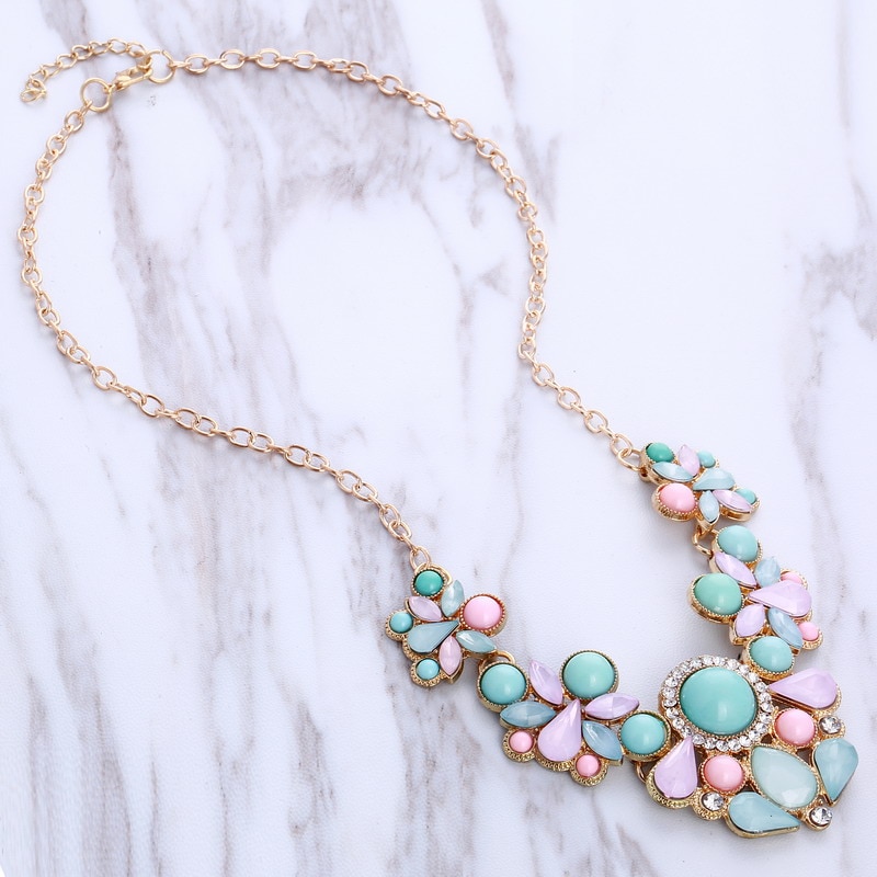 Blauw Roze Rhinestone Kettingen Hanger Boho Verklaring Ketting Goud Kleur Vintage Hanger Lady Dress Choker Ketting