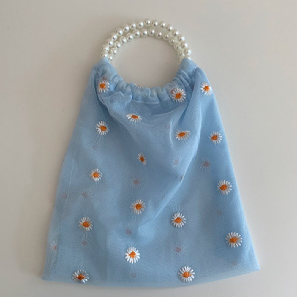 Nueva bolsa de tela transparente para mujer, bolsa para compras cómoda con pequeñas margaritas y apliques de malla, bolsa de tela bordada, bolsa ecológica: sky blue