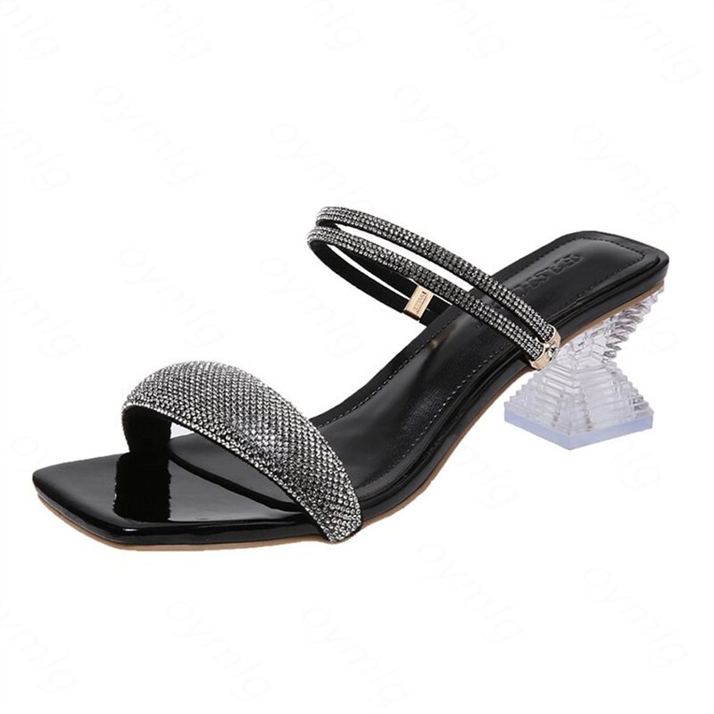 2022 summer rhinestone sandals, medium heels, thick heels, one word with two slippers, fairy high heels women&#39;s shoes: black / 37