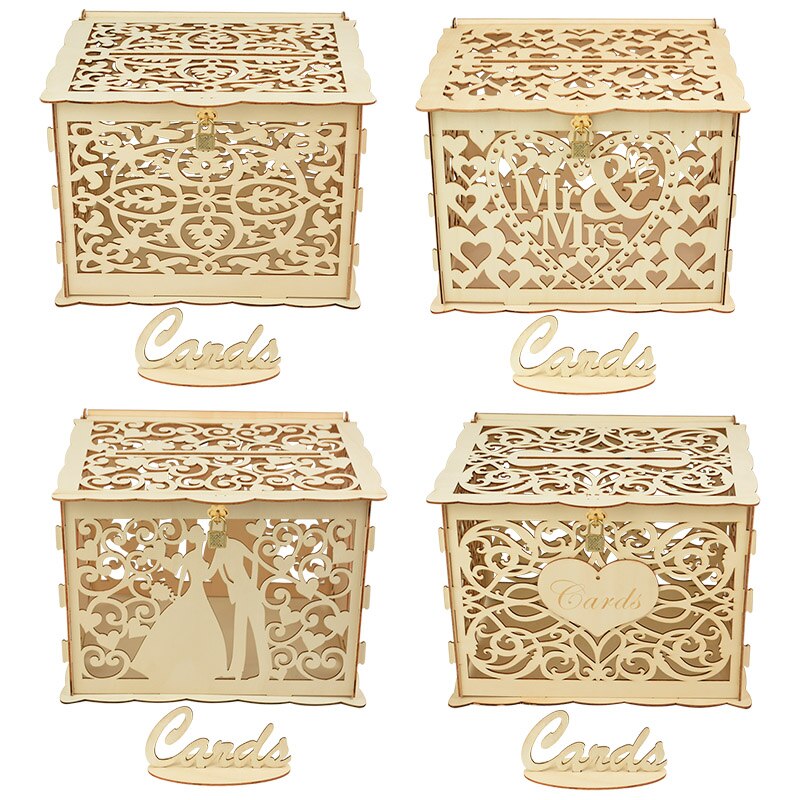 DIY Wedding Card Boxes Mr &amp; Mrs Heart Flower Pattern Invitation Card Wooden Box With Lock For Wedding Birthday Party Decor