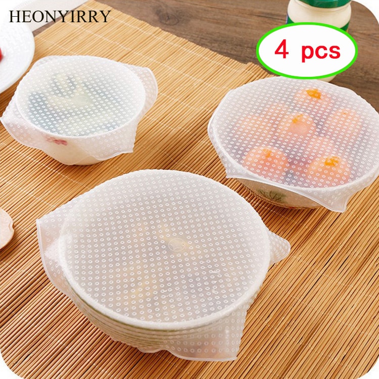 4pcs Food Fresh Keeping Saran Wrap Kitchen Tools Reusable Silicone Food Wraps Seal Vacuum Cover Stretch Lid Kitchen Accessories