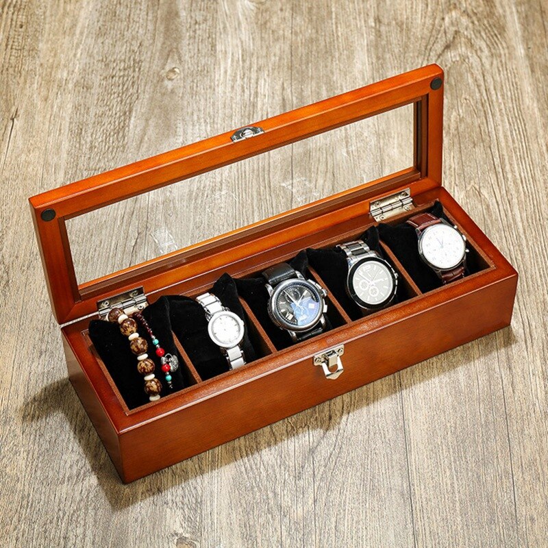 Top 5 Slots Houten Horloge Vitrine Hout Horloge Opbergdoos Met Slot Mode Houten Horloge Sieraden Gevallen