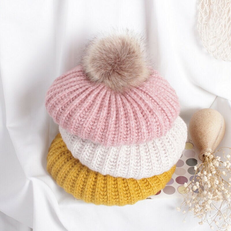 Linda gorra de boina de bolas de Pom Unisex bebé invierno Bebé abrigado sombrero de punto Casual gorra de color liso para 2-6T niños niñas niños