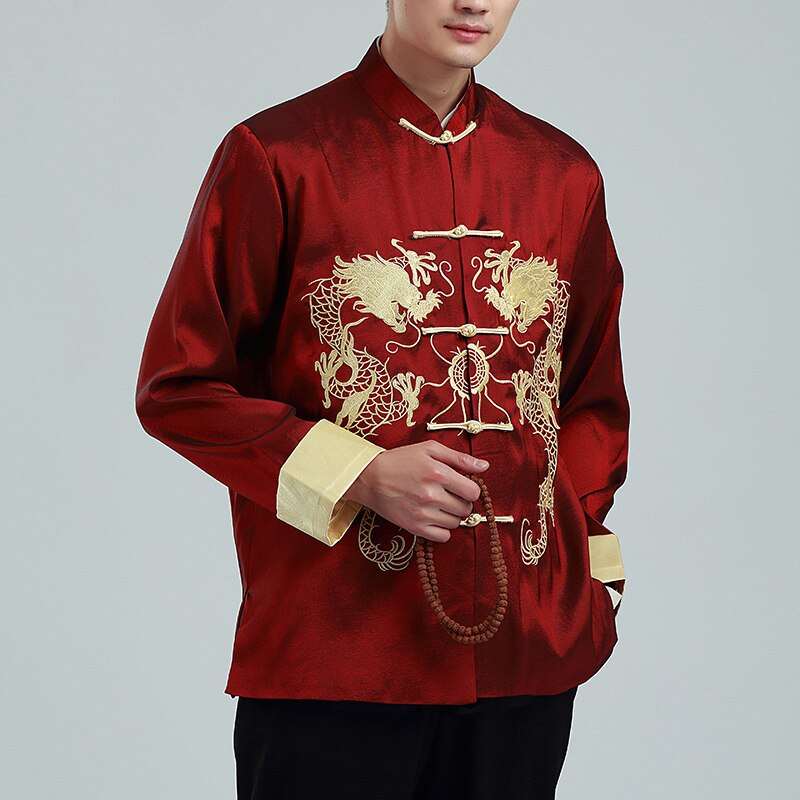 Chinese Kung Fu Geborduurde Gouden Dubbele Draak Tang Pak Mannen Met Lange Mouwen Jas Lente Herfst Leisure Kraag Jas bruce Lee